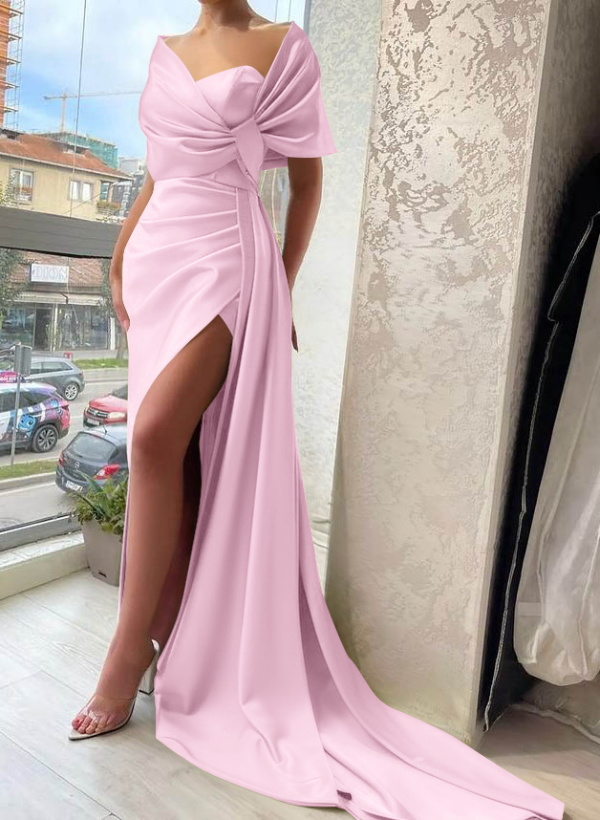 Wrap Simple Silk Like Satin Cap Shoulder Evening Dresses