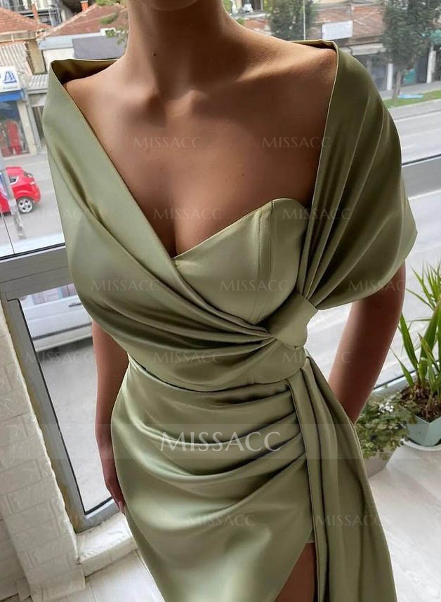 Wrap Simple Silk Like Satin Cap Shoulder Evening Dresses