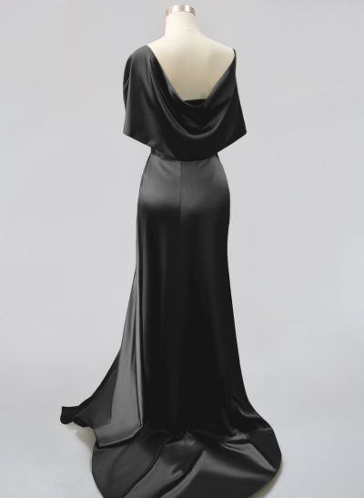 Whimsical Bow Wrap Asymmetric Silk Like Satin Evening Dresses With Front Slit