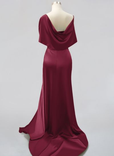 Whimsical Bow Wrap Asymmetric Silk Like Satin Evening Dresses With Front Slit