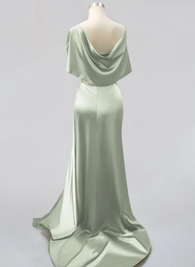 Whimsical Bow Wrap Asymmetric Silk Like Satin Evening Dresses With Front Slit