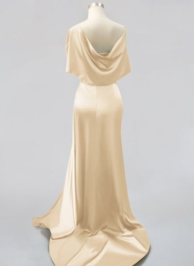 Whimsical Bow Wrap Asymmetric Silk Like Satin Evening Dresses With Front Slit