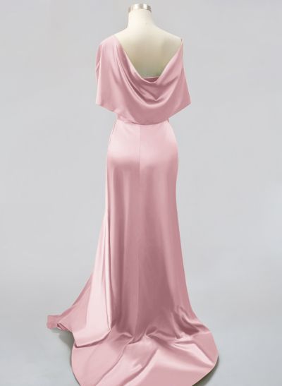 Whimsical Bow Wrap Asymmetric Silk Like Satin Evening Dresses With Front Slit