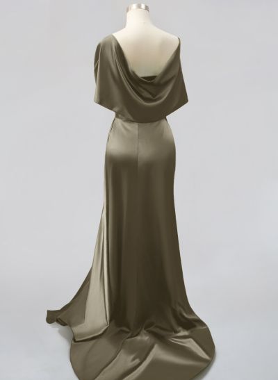 Whimsical Bow Wrap Asymmetric Silk Like Satin Evening Dresses With Front Slit