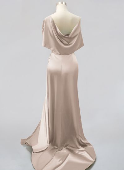 Whimsical Bow Wrap Asymmetric Silk Like Satin Evening Dresses With Front Slit