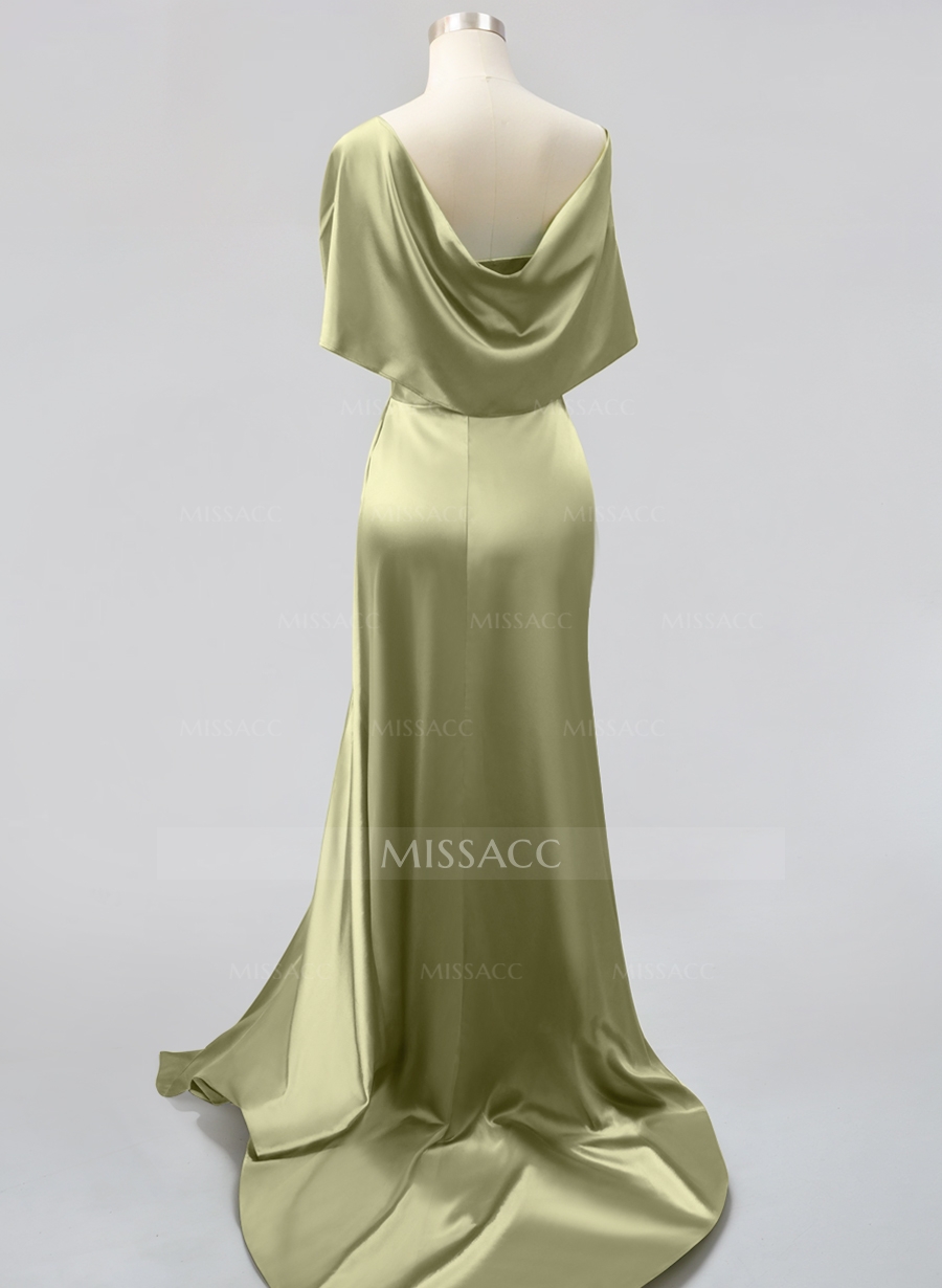 Whimsical Bow Wrap Asymmetric Silk Like Satin Evening Dresses With Front Slit