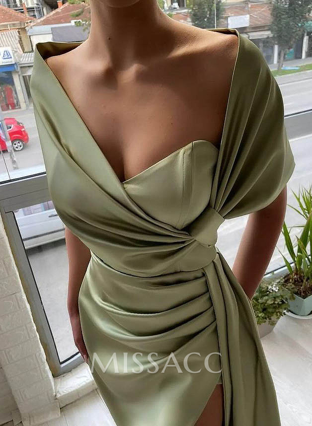 Whimsical Bow Wrap Asymmetric Silk Like Satin Evening Dresses With Front Slit