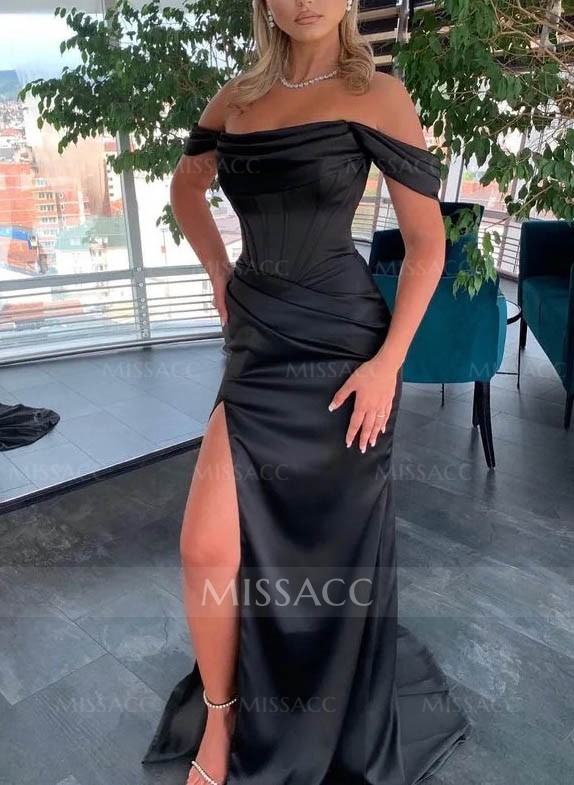 Off-The-Shoulder Satin Slit Simple Evening Dresses