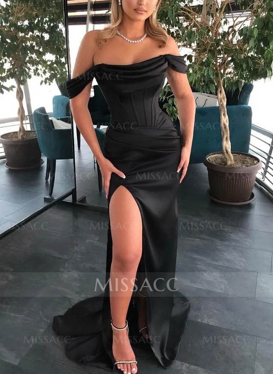 Off-The-Shoulder Satin Slit Simple Evening Dresses