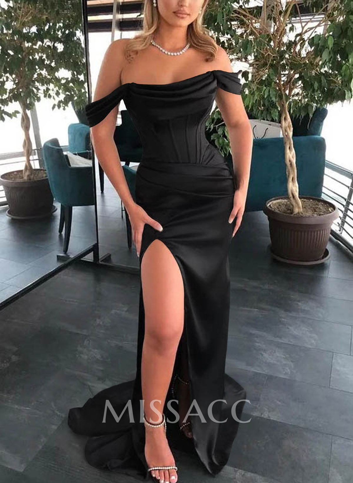 Off-The-Shoulder Satin Slit Simple Evening Dresses