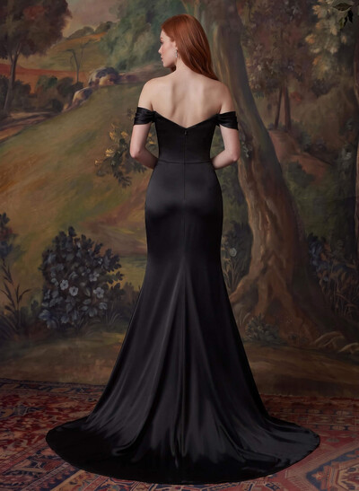 Off-The-Shoulder Satin Slit Simple Evening Dresses