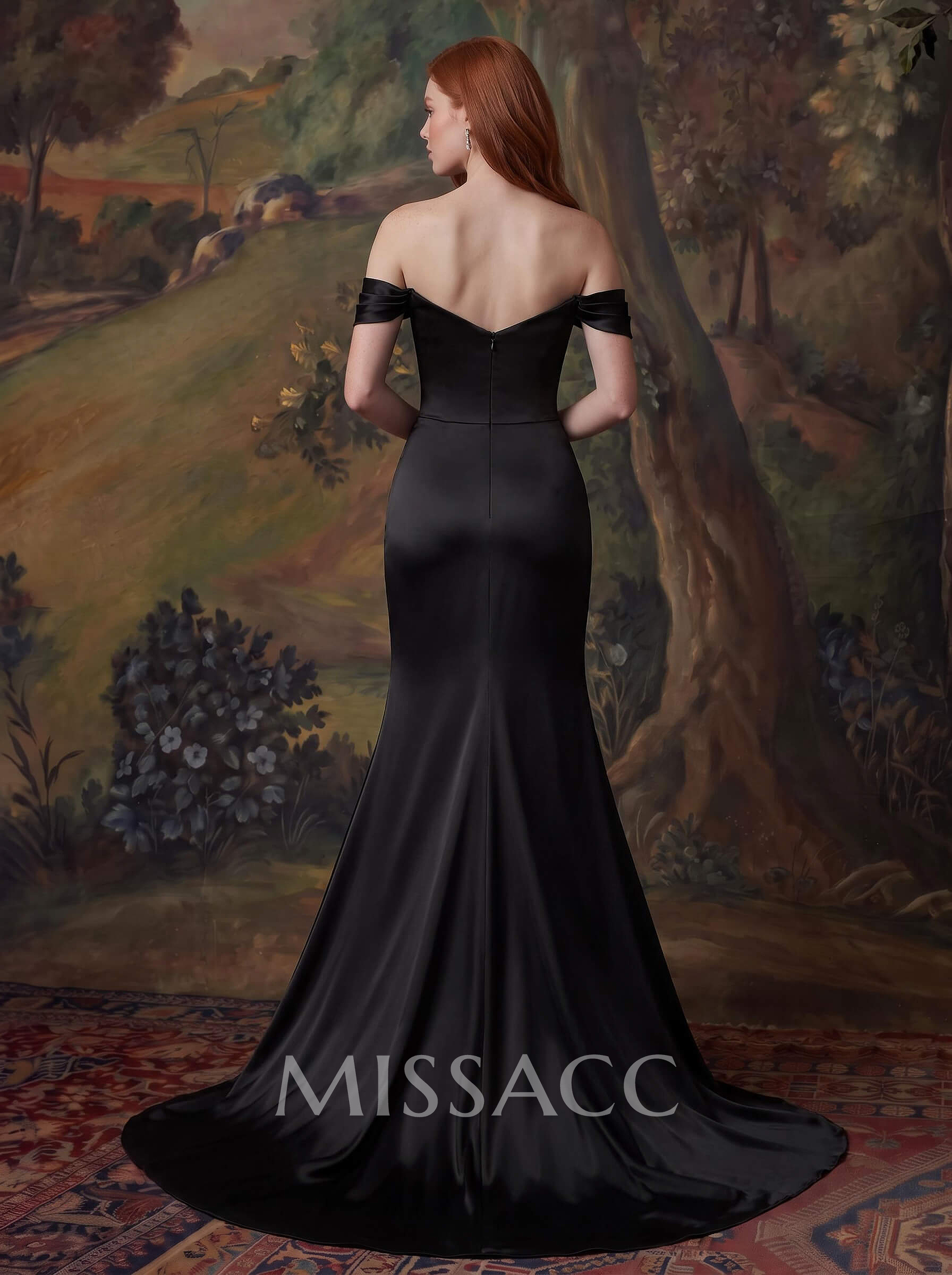 Off-The-Shoulder Satin Slit Simple Evening Dresses