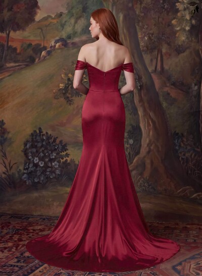 Off-The-Shoulder Satin Slit Simple Evening Dresses