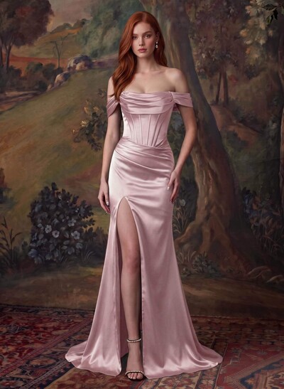 Off-The-Shoulder Satin Slit Simple Evening Dresses