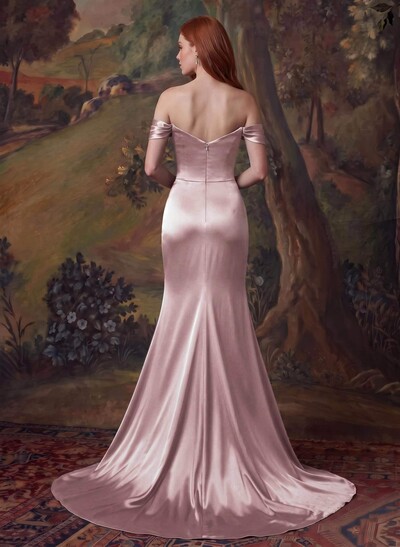 Off-The-Shoulder Satin Slit Simple Evening Dresses