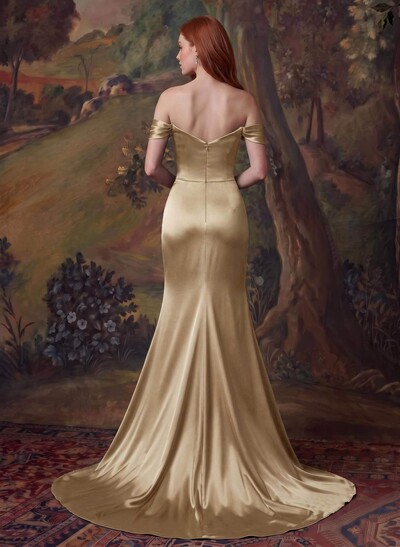 Off-The-Shoulder Satin Slit Simple Evening Dresses