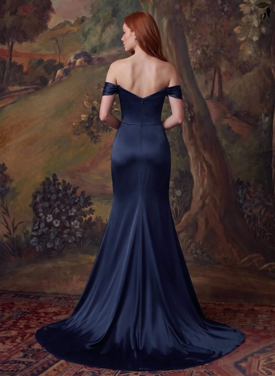Off-The-Shoulder Satin Slit Simple Evening Dresses
