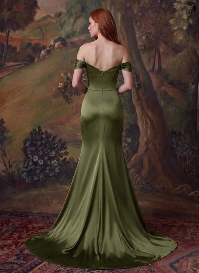 Off-The-Shoulder Satin Slit Simple Evening Dresses