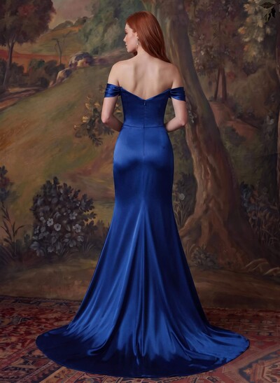 Off-The-Shoulder Satin Slit Simple Evening Dresses
