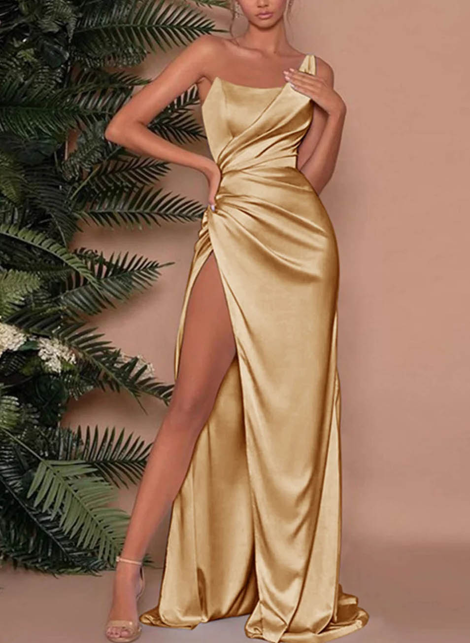 Simple One-Shoulder Satin High Slit Evening Dresses