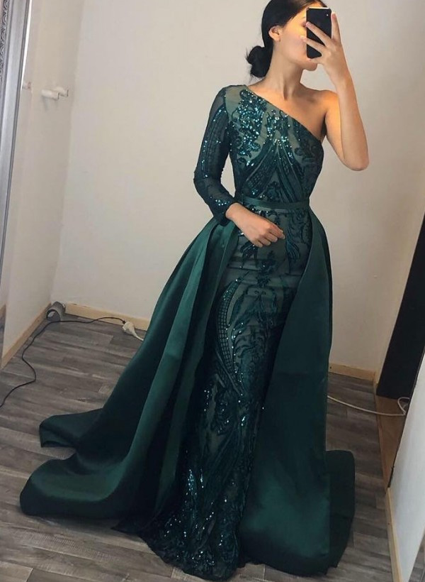 One-Shoulder Long Sleeves Sequined Lace Evening Dresses