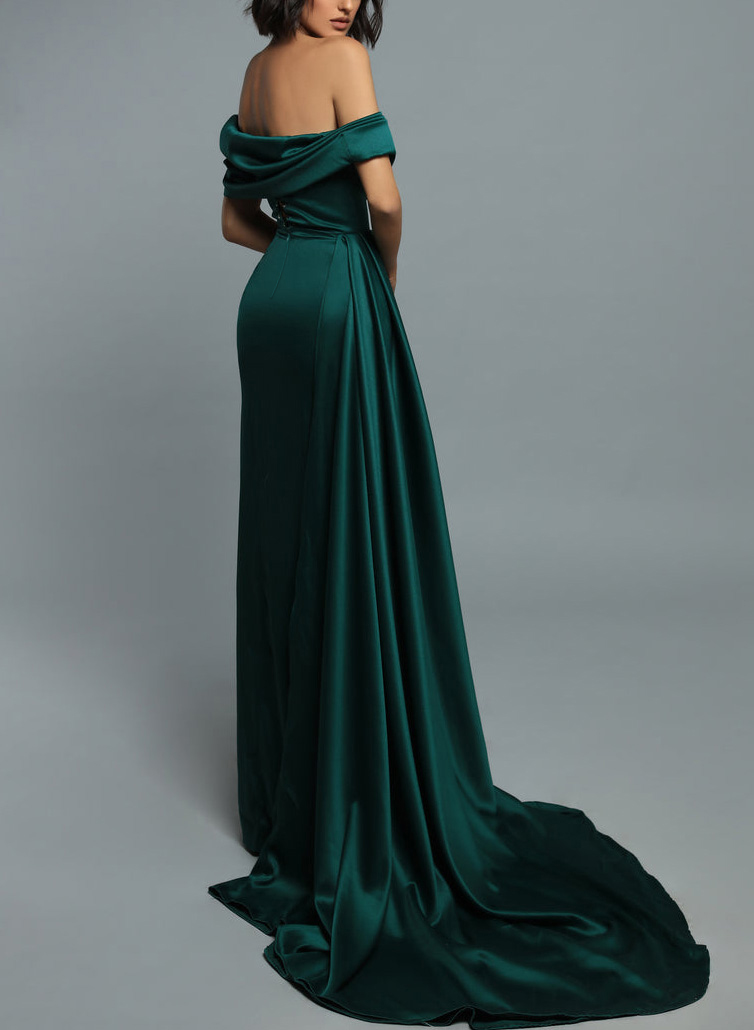 Simple Off-The-Shoulder Satin Slit Evening Dresses