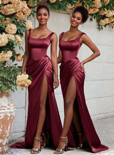 Square Neckline High Slit Evening Dresses