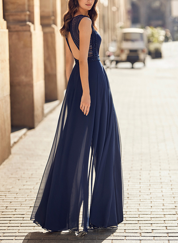 Jumpsuit/Pantsuit V-Neck Sleeveless Floor-Length Chiffon Evening Dresses