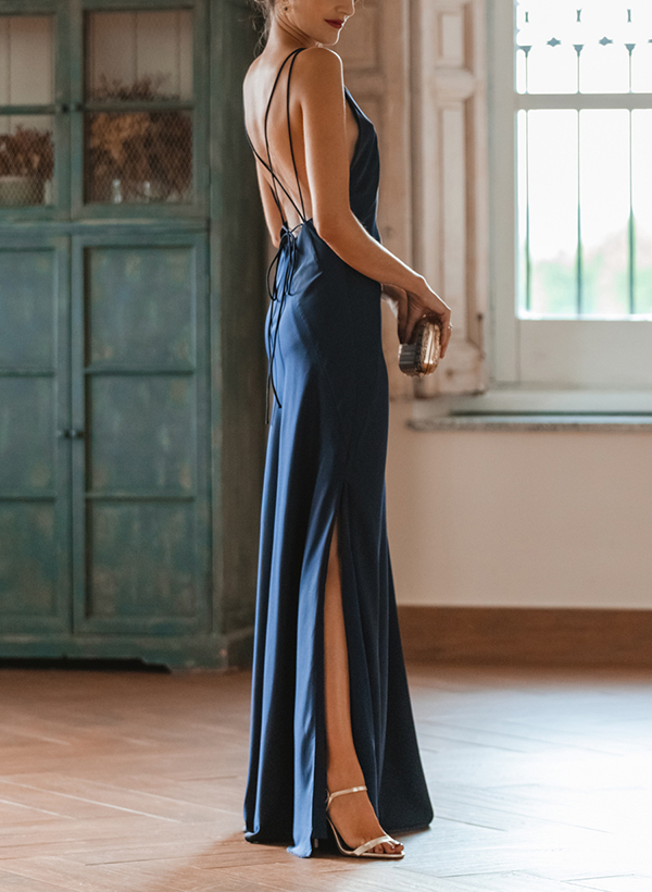 A-Line V-Neck Sleeveless Silk Like Satin Evening Dresses With Split Front