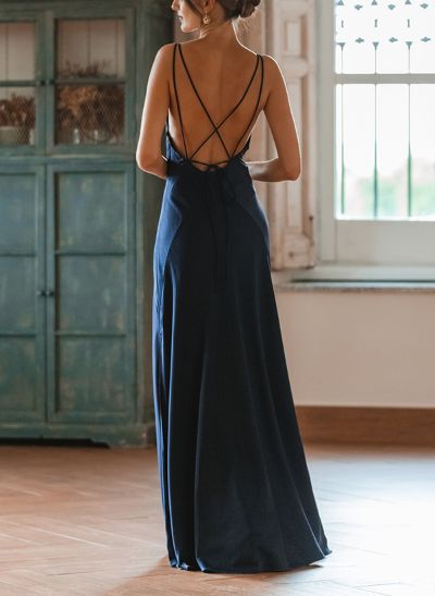 A-Line V-Neck Sleeveless Silk Like Satin Evening Dresses With Split Front