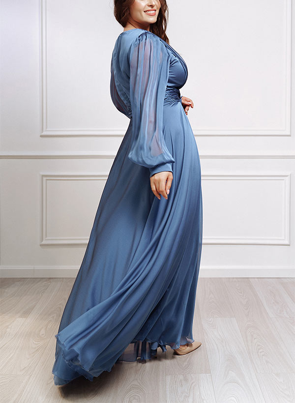 Plus Size Sheath V-Neck Long Sleeves Floor-Length Satin Evening Dresses