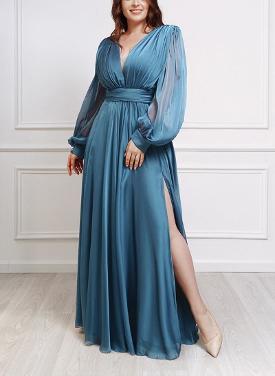 Plus Size Sheath V-Neck Long Sleeves Floor-Length Satin Evening Dresses