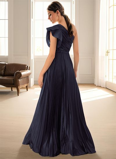 Elegant Pleated One-Shoulder Sleeveless Floor-Length Evening Dresses With Pleated