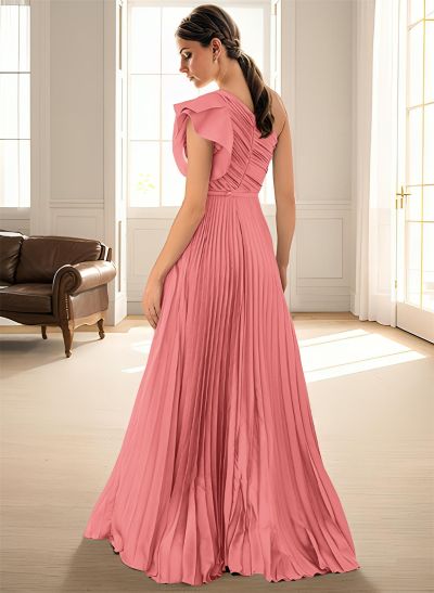 Elegant Pleated One-Shoulder Sleeveless Floor-Length Evening Dresses With Pleated