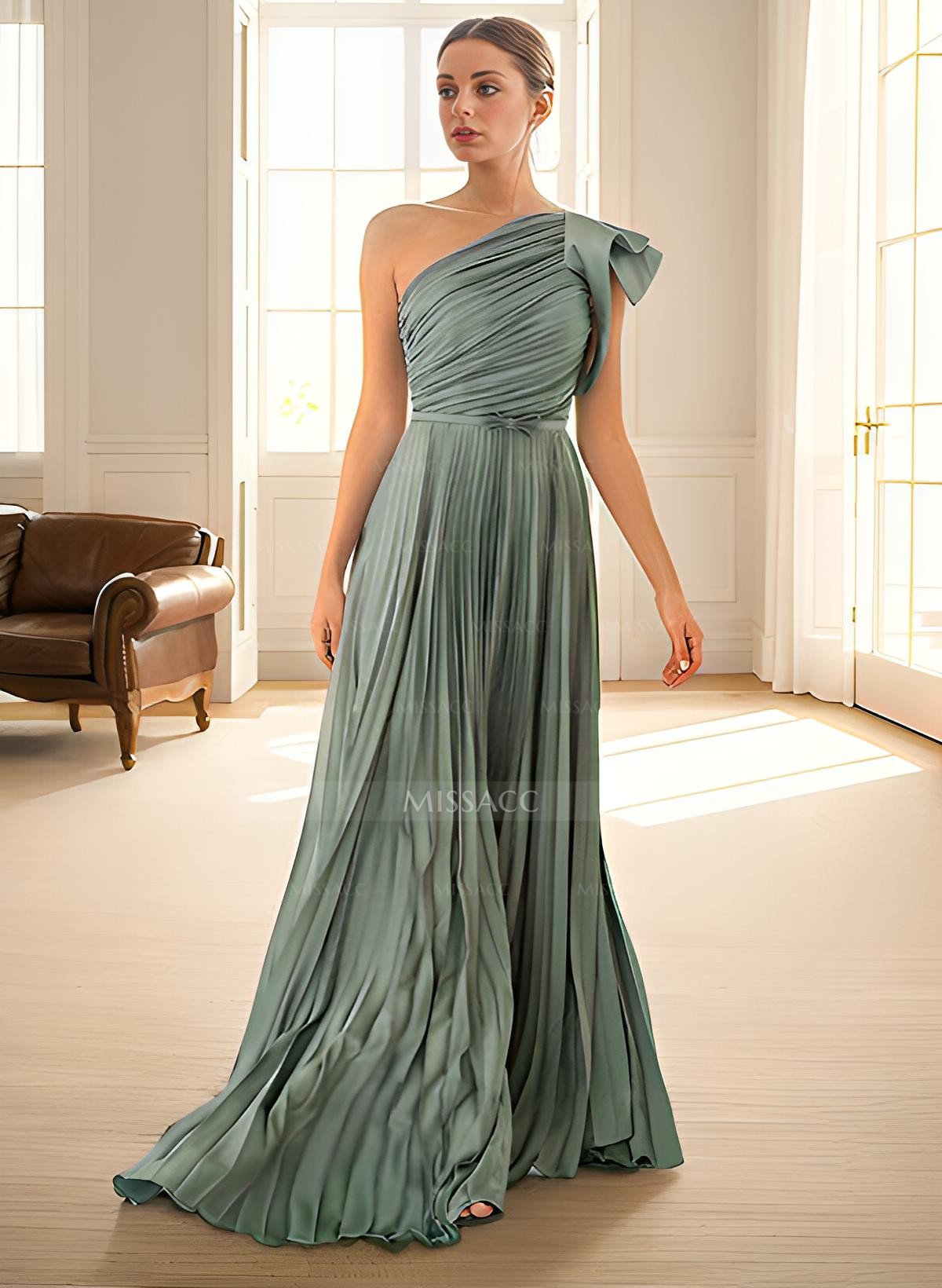 Elegant Pleated One-Shoulder Sleeveless Floor-Length Evening Dresses With Pleated