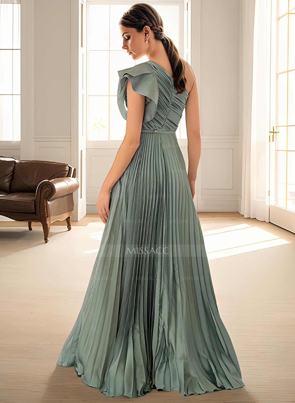 Elegant Pleated One-Shoulder Sleeveless Floor-Length Evening Dresses With Pleated