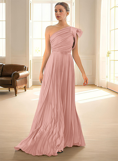 Elegant Pleated One-Shoulder Sleeveless Floor-Length Evening Dresses With Pleated