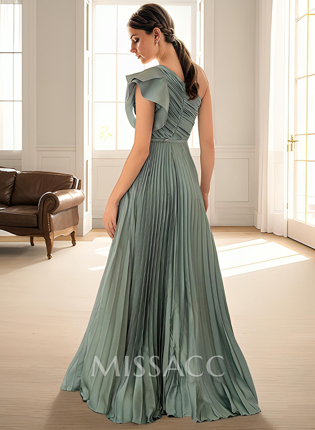 Elegant Pleated One-Shoulder Sleeveless Floor-Length Evening Dresses With Pleated Elegant Pleated One-Shoulder Sleeveless Floor-Length Evening Dresses With Pleated