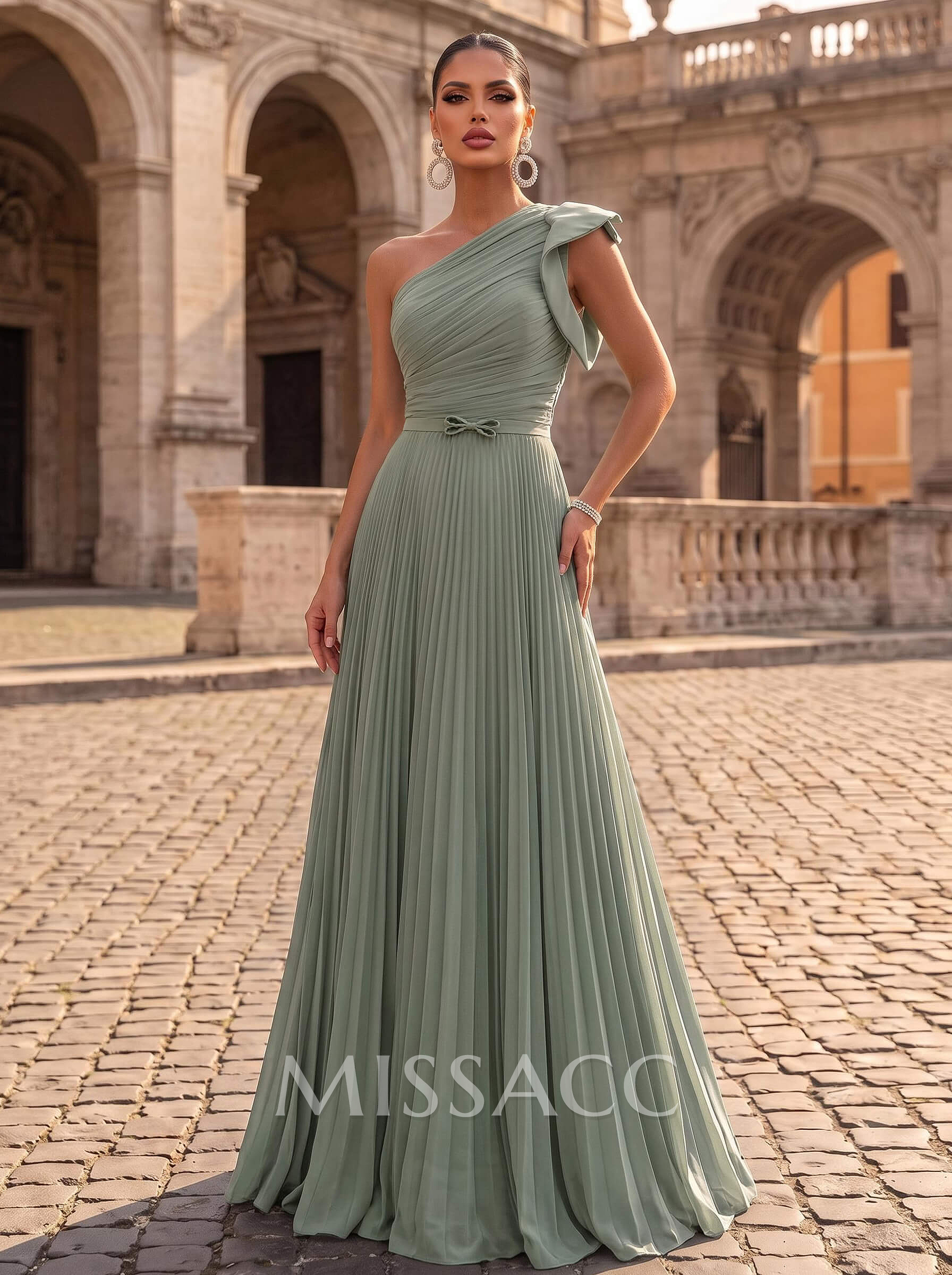 Elegant Pleated One-Shoulder Sleeveless Floor-Length Evening Dresses With Pleated