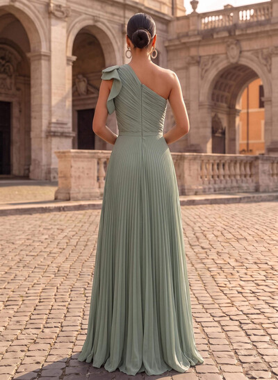 Elegant Pleated One-Shoulder Sleeveless Floor-Length Evening Dresses With Pleated