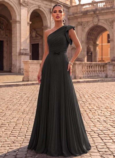 Elegant Pleated One-Shoulder Sleeveless Floor-Length Evening Dresses With Pleated