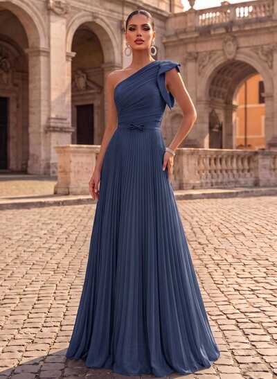 Elegant Pleated One-Shoulder Sleeveless Floor-Length Evening Dresses With Pleated