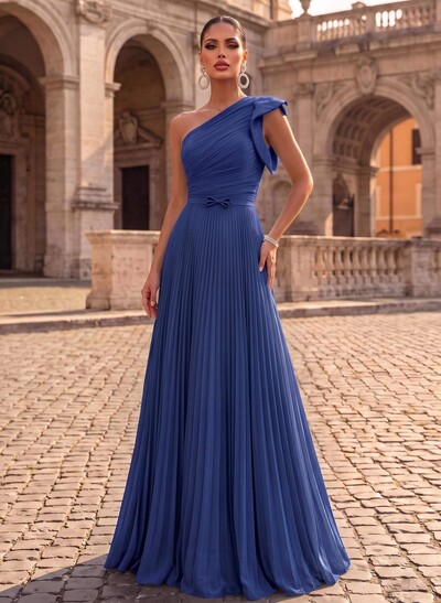 Elegant Pleated One-Shoulder Sleeveless Floor-Length Evening Dresses With Pleated