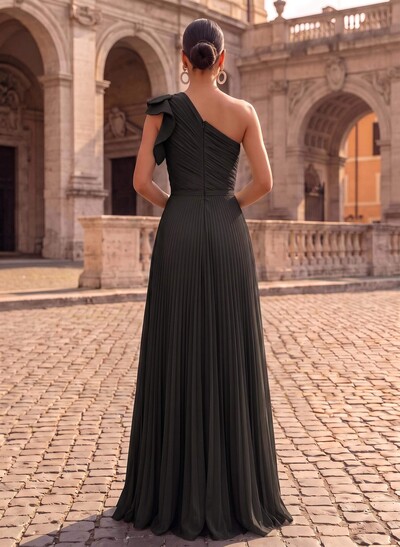 Elegant Pleated One-Shoulder Sleeveless Floor-Length Evening Dresses With Pleated