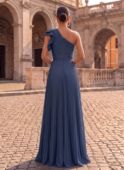 Elegant Pleated One-Shoulder Sleeveless Floor-Length Evening Dresses With Pleated