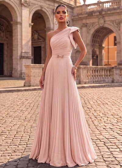 Elegant Pleated One-Shoulder Sleeveless Floor-Length Evening Dresses With Pleated
