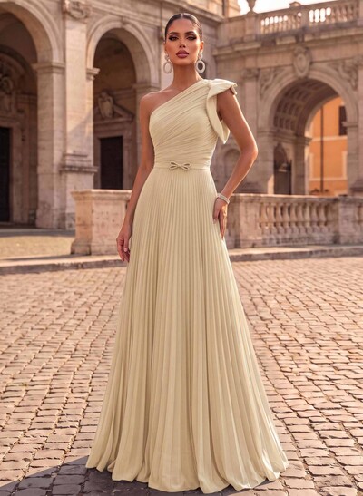 Elegant Pleated One-Shoulder Sleeveless Floor-Length Evening Dresses With Pleated