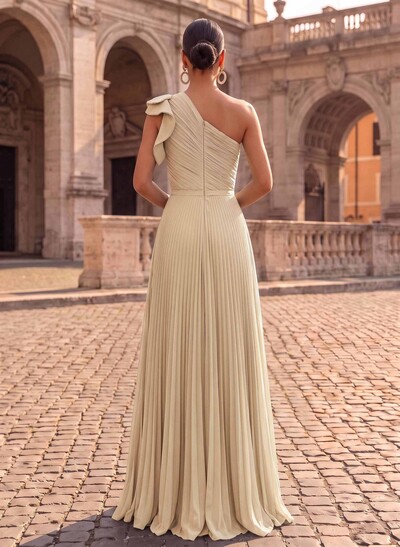 Elegant Pleated One-Shoulder Sleeveless Floor-Length Evening Dresses With Pleated