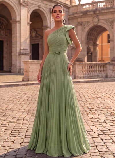 Elegant Pleated One-Shoulder Sleeveless Floor-Length Evening Dresses With Pleated