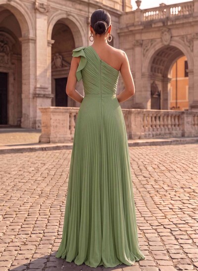 Elegant Pleated One-Shoulder Sleeveless Floor-Length Evening Dresses With Pleated